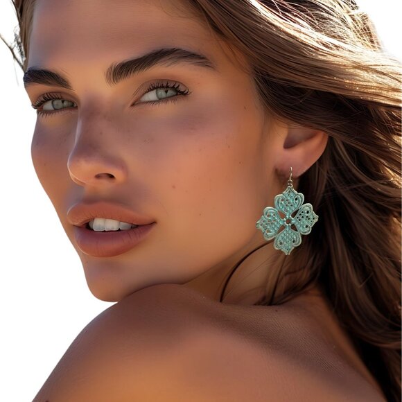 Ornate Filigree Mint Green Floral Earrings With Gold-Tone Accents For Women - Picture 3 of 8